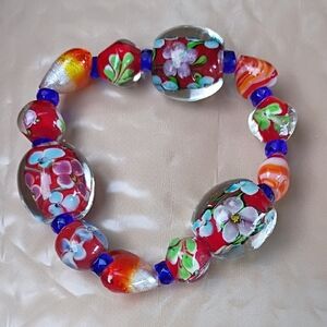 Handmade Red Floral Murano Glass Stretch Bracelet